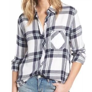 RAILS Hunter White Navy Blue Forest Green Plaid Button Front Shirt | XS